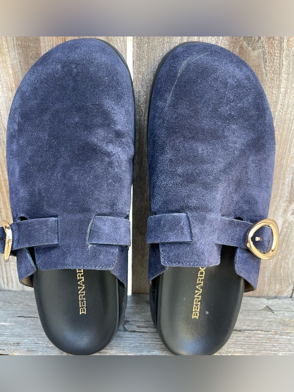Bernardo Easton Clogs Women’s Navy Suede Gold Buckle Slip On Shoes Size 10